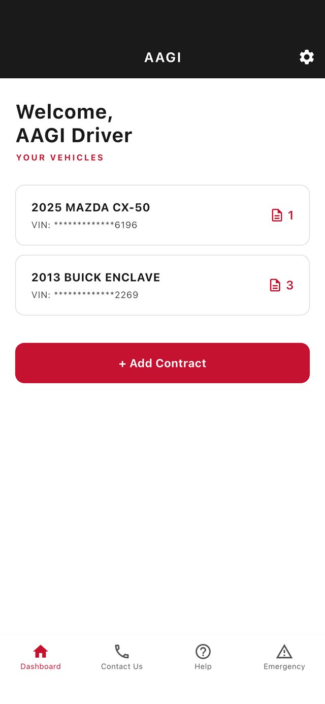 AAGI Mobile dashboard listing your vehicles and contracts