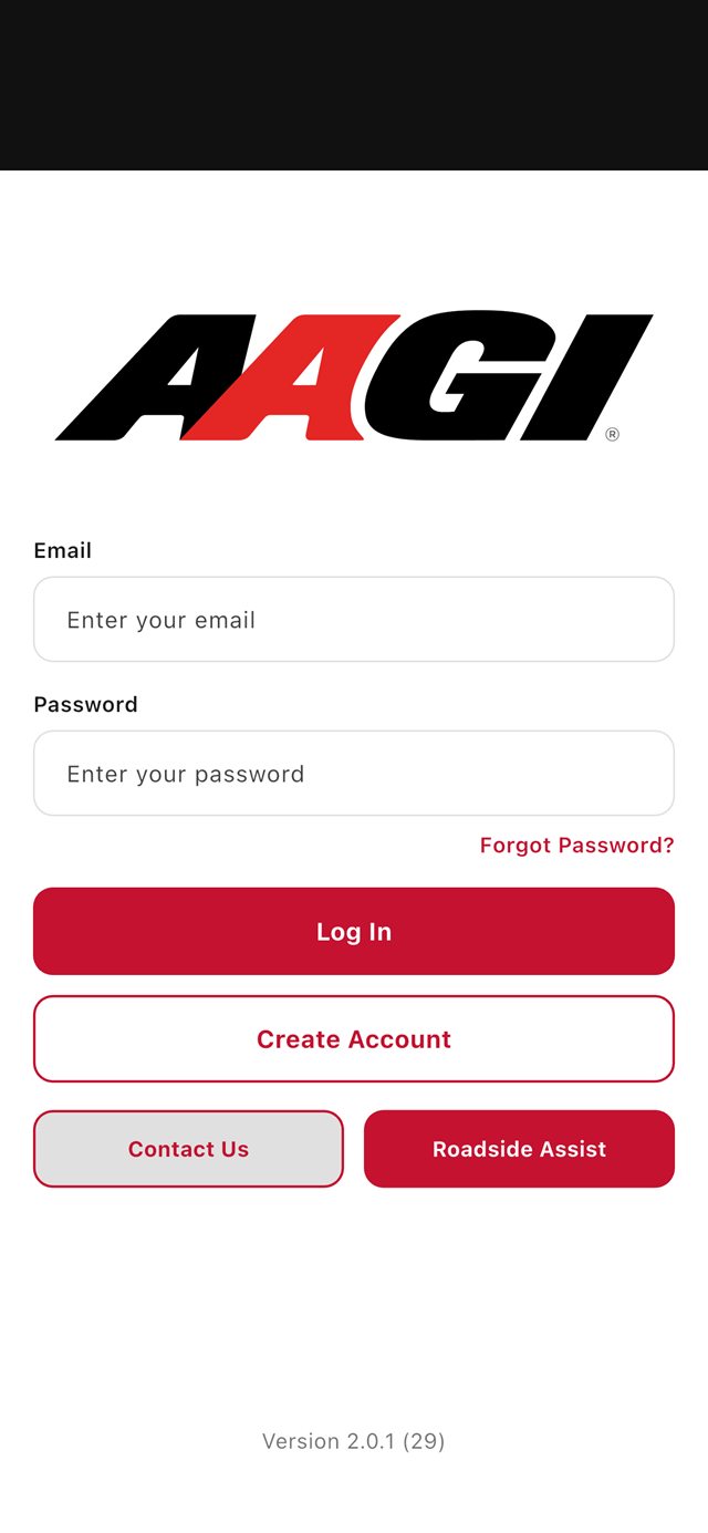 AAGI Mobile sign-in screen with Log In and Create Account