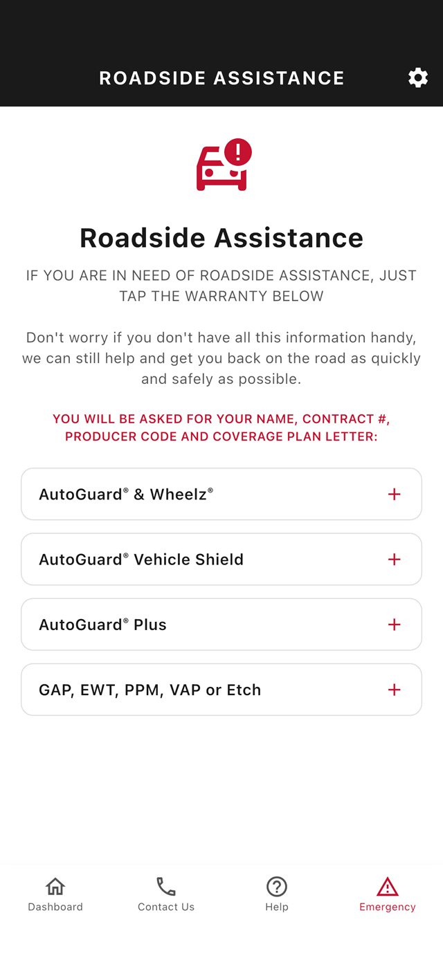Roadside Assistance screen: tap your plan to call for help